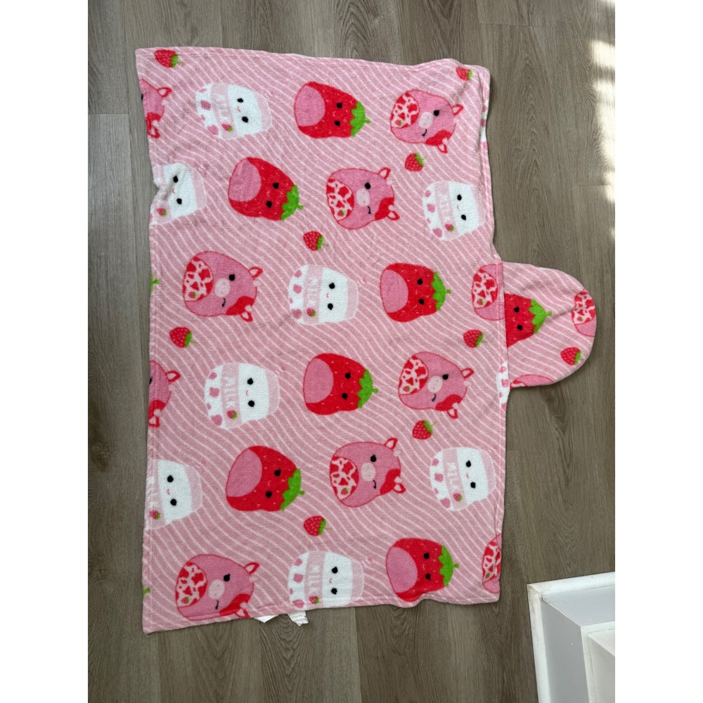 Squishmallows Pink Strawberry Cow Reshma Hooded Plush Fleece Blanket 40x28